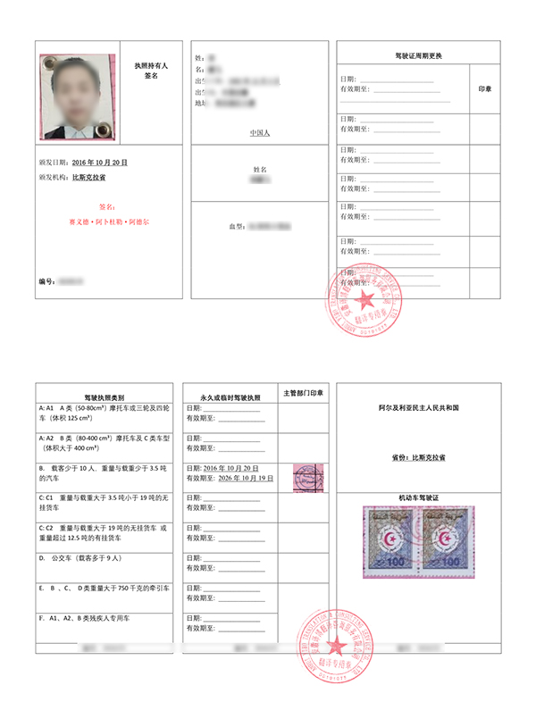 阿尔及利亚驾照翻译件