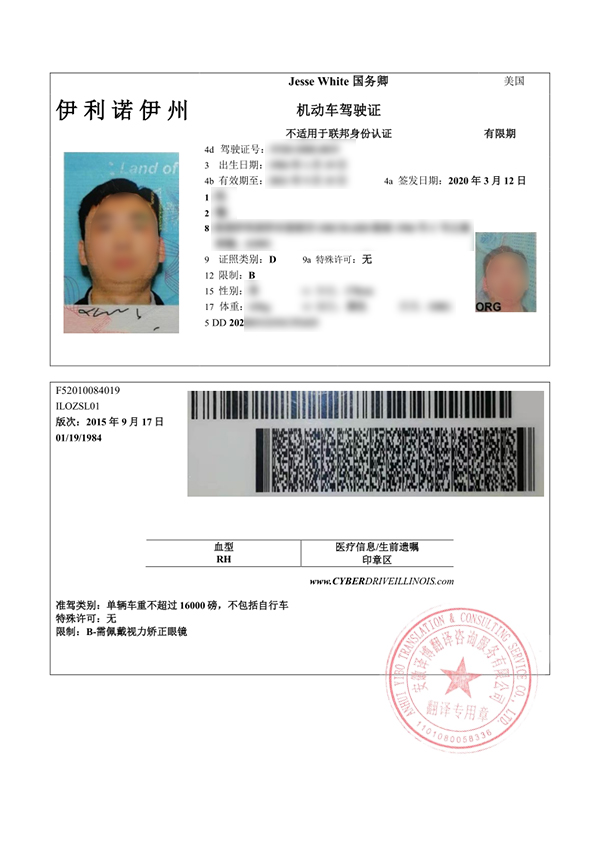 美国伊利诺伊州驾照翻译件