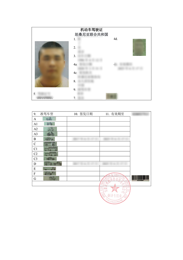 坦桑尼亚驾照翻译件