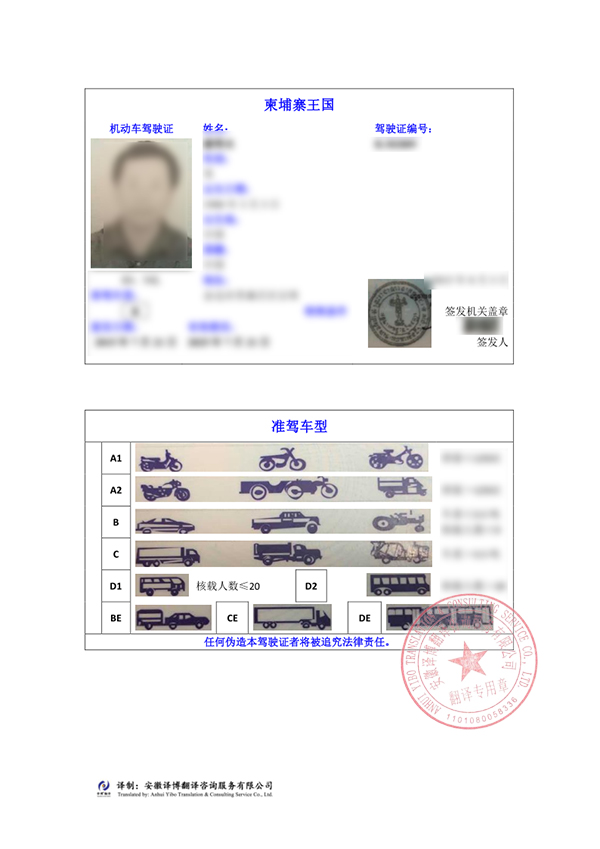 柬埔寨驾照翻译件